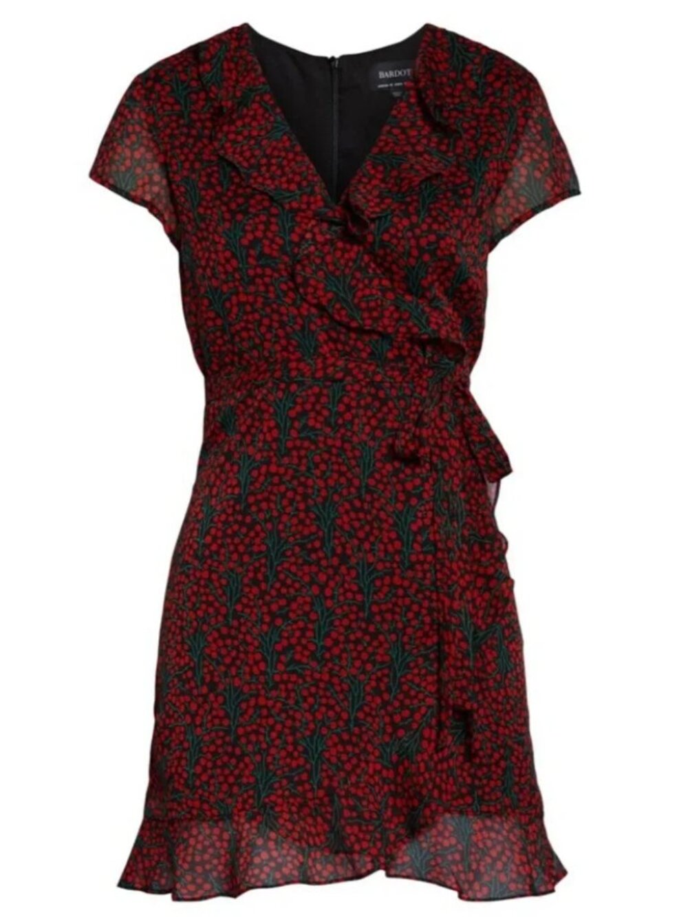 Bardot Cherry Pattern Ruffle Faux Wrap Red & Black Chiffon Mini Dress 12